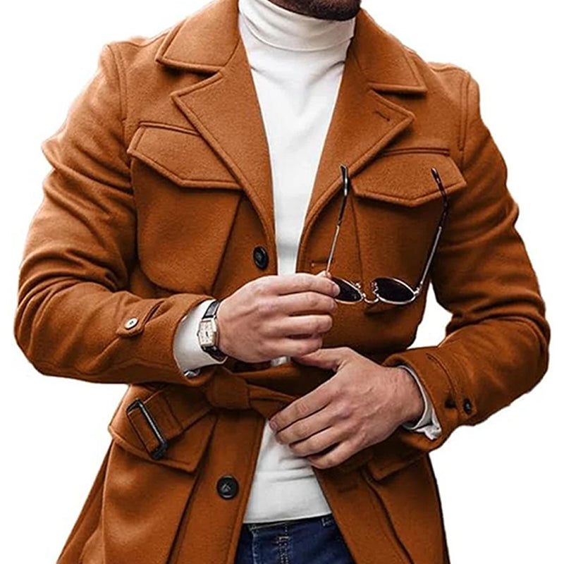 Men's Solid Color Multi-Pocket Lapel Lace-Up Woolen Coat 9888734085304