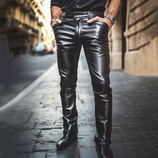 Men's Stylish Casual Solid Leather Pants 9888735887544