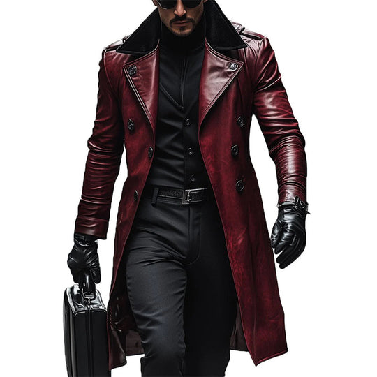 Men's Vintage Contrast Lapel Double-breasted Leather Coat 9888734511288