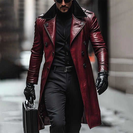 Men's Vintage Contrast Lapel Double-breasted Leather Coat 9888734511288