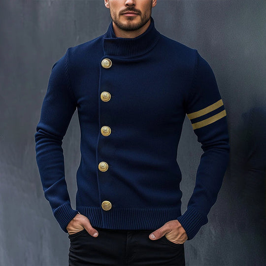 Men's Vintage Navy Stand Collar Knit Cardigan 9888736411832