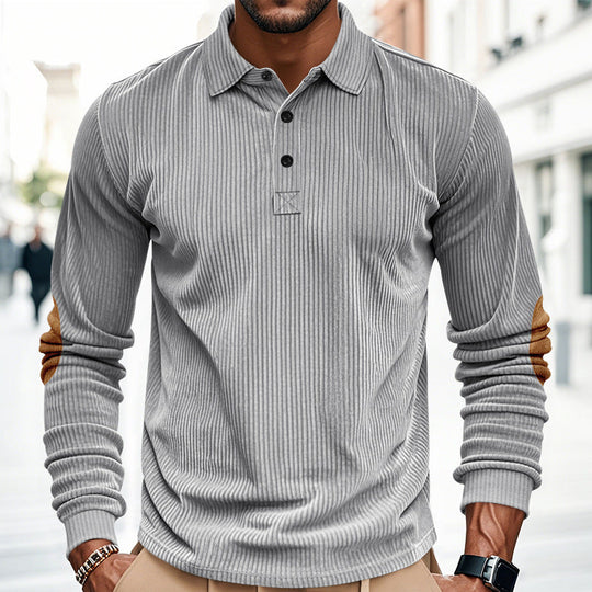 Men's Casual Corduroy Suede Elbow Panel Lapel Long Sleeve Polo Shirt 9906105024696