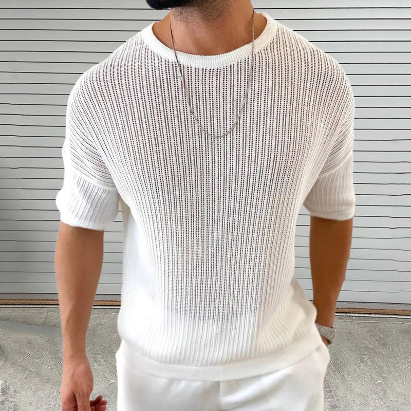 Men's Casual Round Neck Loose Knitted Short Sleeve Sweater 9903253389496