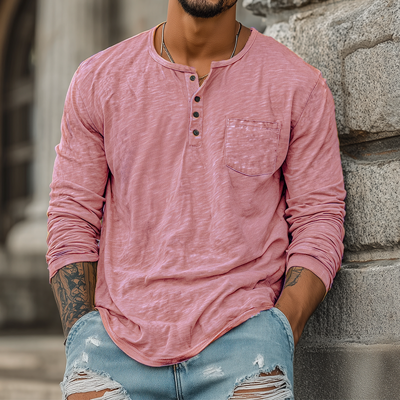 Men's Spring And Summer Casual Tough Style Henry Collar Bamboo Cotton Long Sleeve T-Shirt DTT25082007