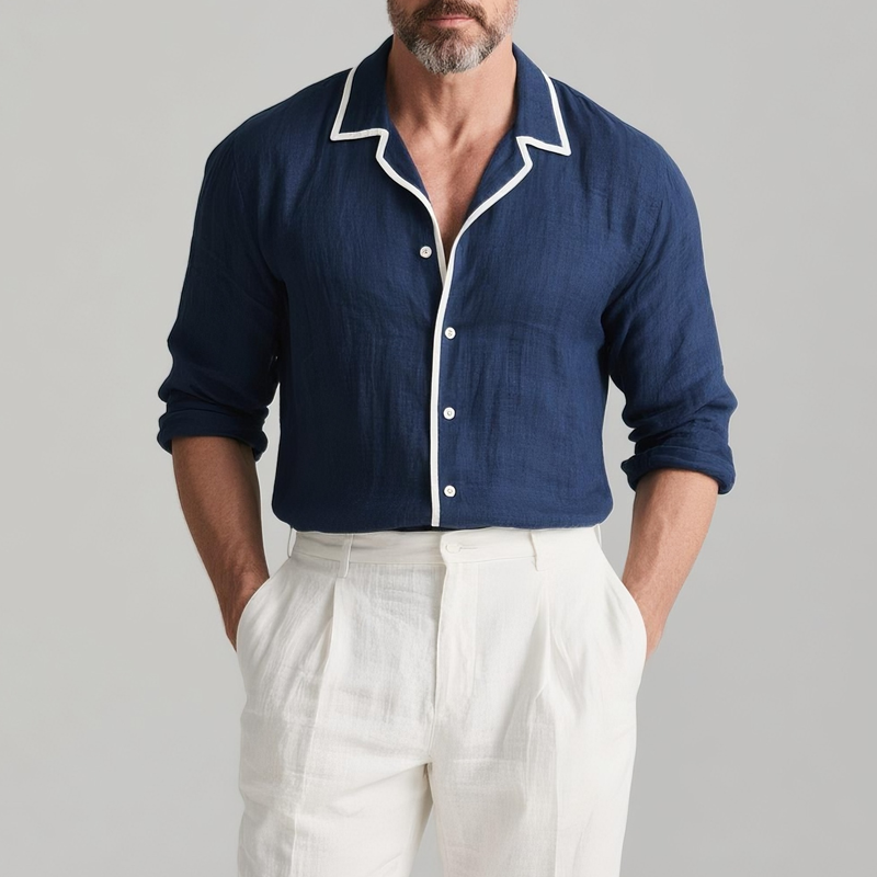 Men's White Trim Lapel Long Sleeve Cotton And Linen Shirt DTT25072911