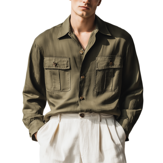 Men's Classic Casual Cupro Lapel Pocket Long Sleeve Shirt DTT25080120