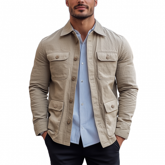 Men's Casual Solid Color Breathable Cotton Linen Blend Lapel Single-breasted Multi-pocket Slim-fit Jacket DTT25081311