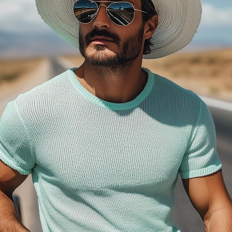 Men's Spring And Summer Fashion Casual Western Style Mint Green Slim Fit Knitted Short-sleeved T-shirt DTT25060624
