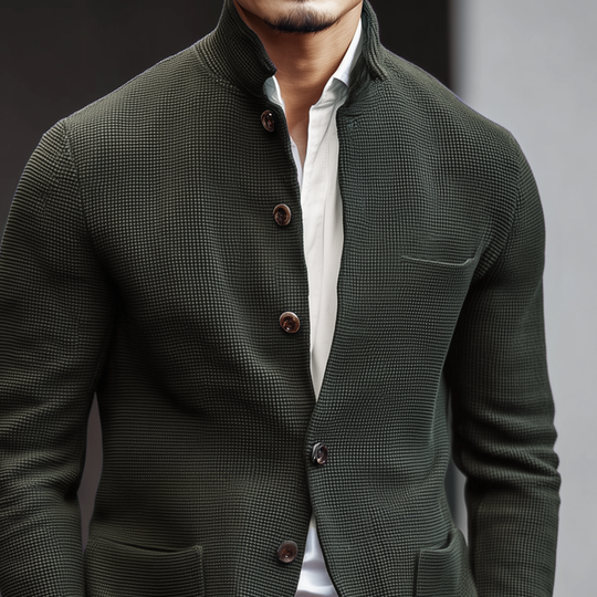 Men's Woven Textured Plaid Stand Collar Single-Breasted Jacket DTT25082903