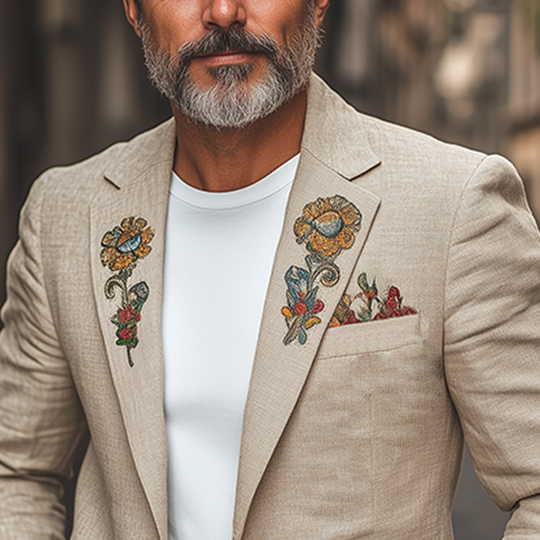 Men's Classic Casual Spring Thin Cotton And Linen Embroidery Slim Fit Single Breasted Blazer DTT25061017
