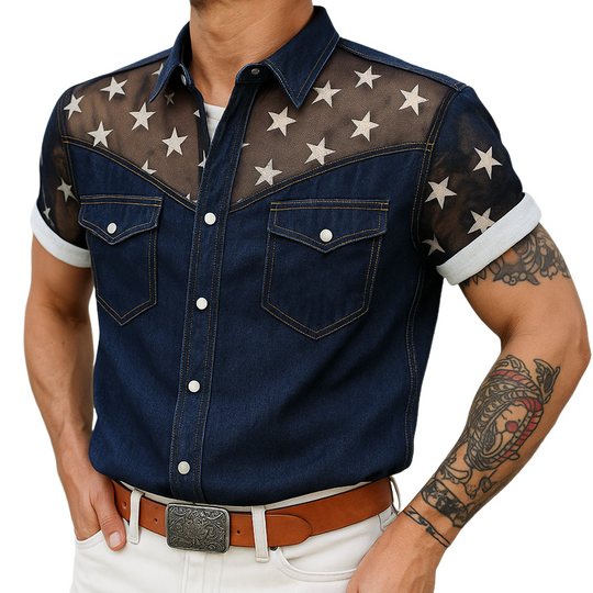 Men's Star Mesh Stitching Short Sleeve Chest Pocket Denim Jacket DTT25071610