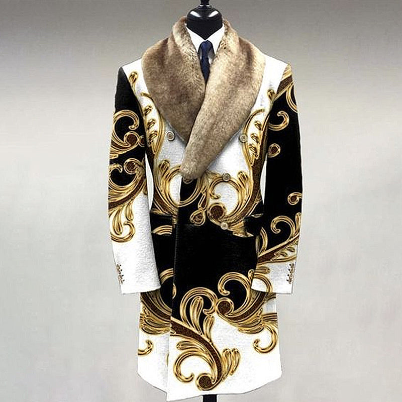 Men's Fashion Casual Fur Lapel Collar Graphic Pattern Long Sleeve Coat 9888554909880