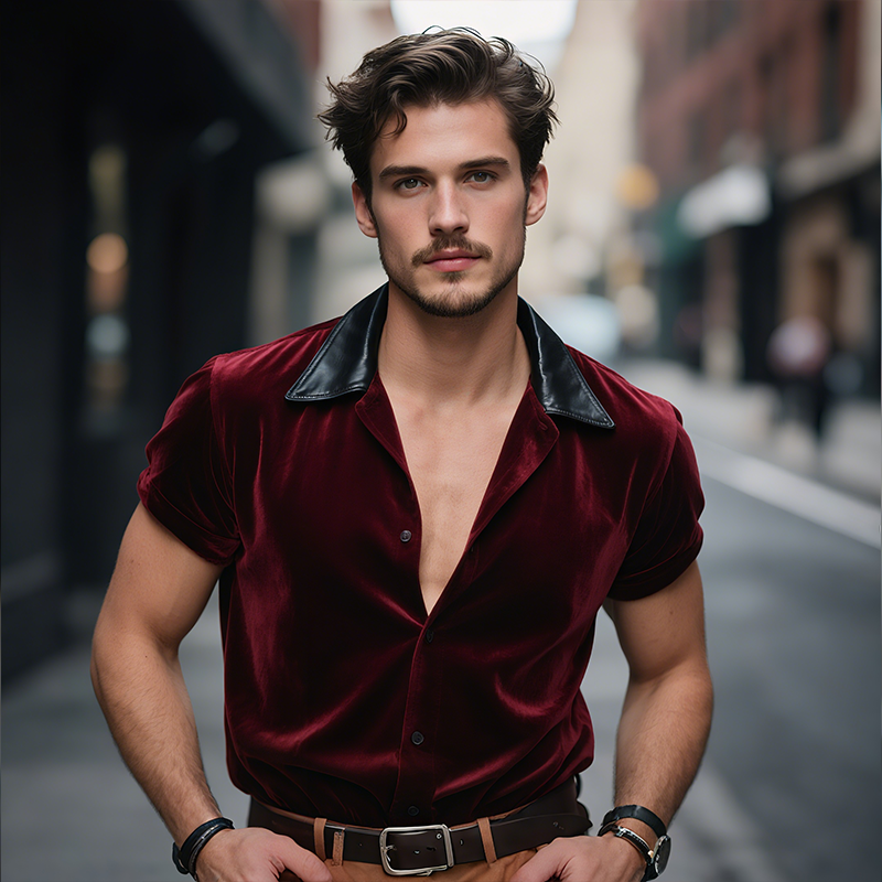 Men's Retro Casual Velvet Leather Lapel Short Sleeve Shirt DTT25071505
