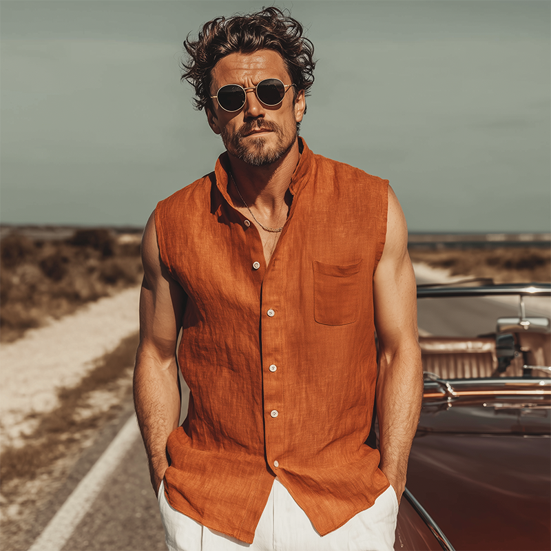 Men's Classic Casual Tencel Cotton Linen Stand Collar Sleeveless Shirt DTT25070404