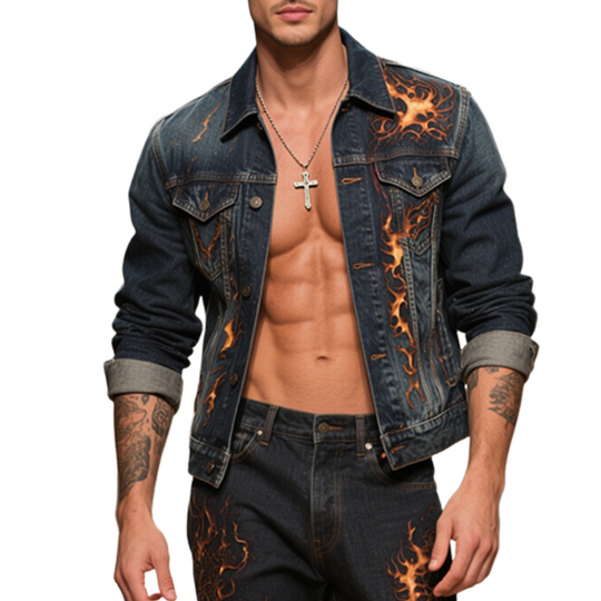 Men's Retro Casual Washed Denim Flame Print Lapel Single Breasted Jacket  DTT25060510