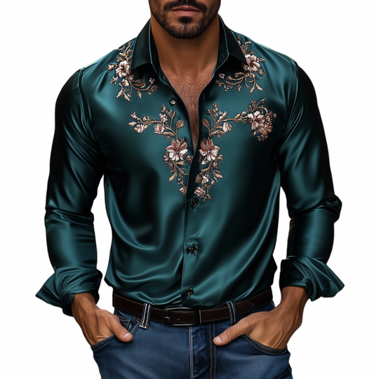 Men's Vintage Flower Embroidery Elegant Solid Satin Lapel Slim Fit Long Sleeve Shirt DTT25072422