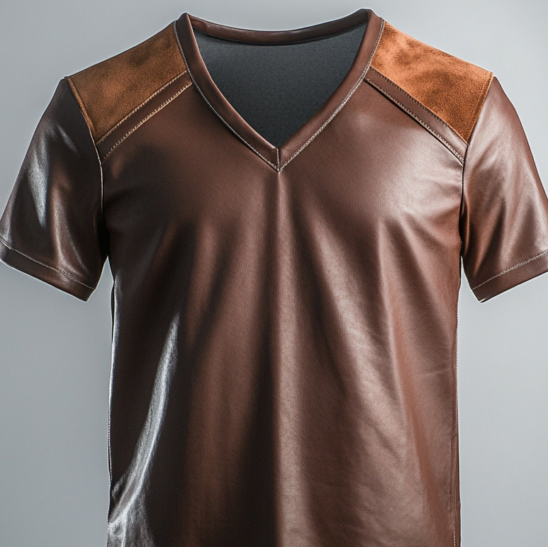 Men's V Neck Patchwork PU Leather Short Sleeve T-Shirt 9951400984760