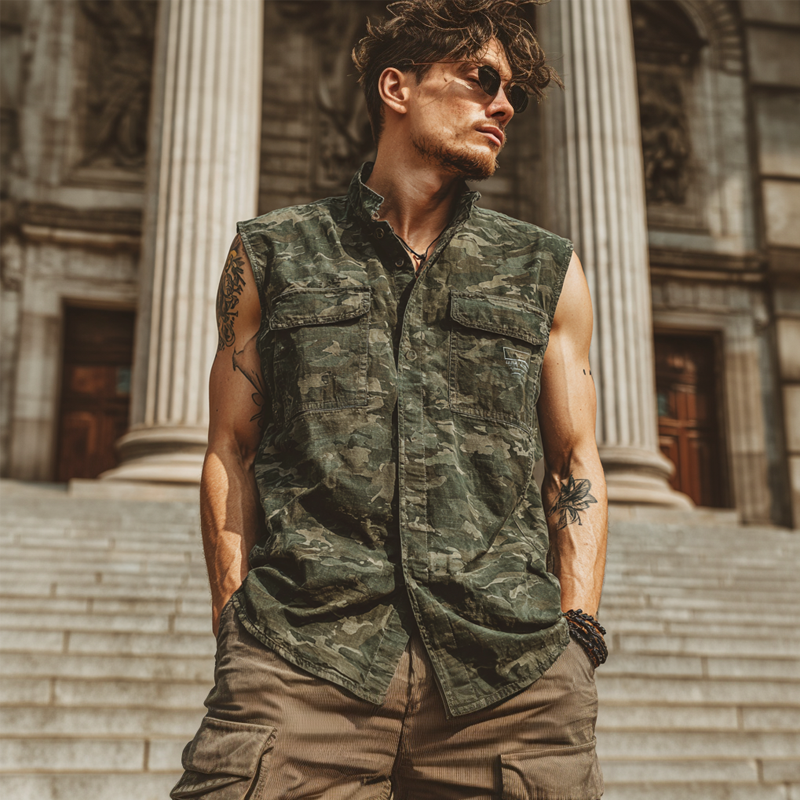 Men's Camouflage Print Sleeveless Lapel Shirt DTT25071403