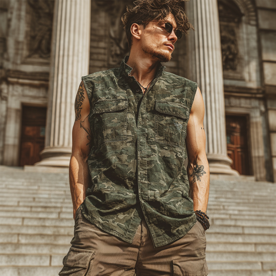 Men's Camouflage Print Sleeveless Lapel Shirt DTT25071403
