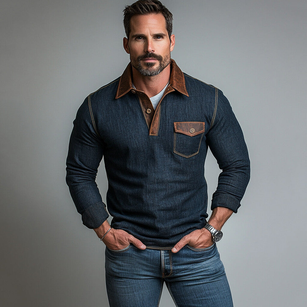 Men's Denim PU Leather Patchwork Turndown Collar Chest Pocket Long Sleeve Polo Shirt 9899608211640