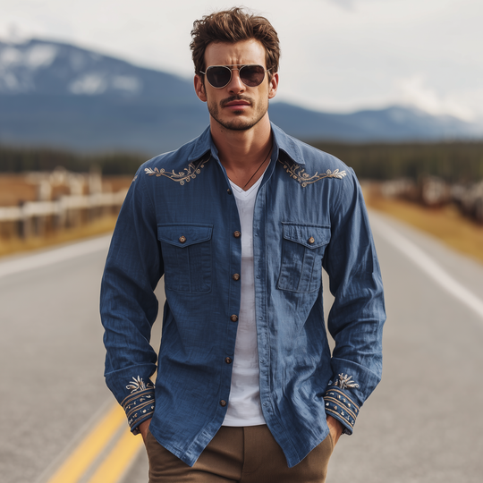 Men's Classic Casual Western Cowboy Style Embroidered Cotton And Linen Blend Long-sleeved Shirt DTT25080420