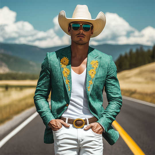 Men’s Spring and Summer Thin Fashion Casual American Retro Western Tough Style Cotton And Linen Texture Embroidery Slim Fit Single-breasted Blazer DTT25061715
