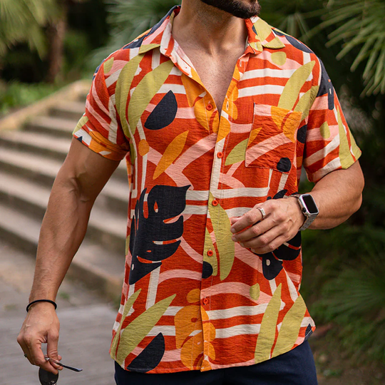 Men's Spring And Summer Fashion Casual Tencel Cotton Blended Printed Short Sleeve Shirt DTT25071110