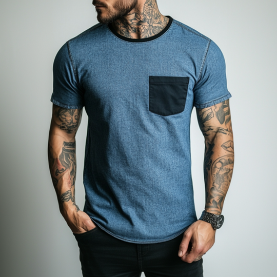 Men's Casual Washed Distressed Round Neck Patch Pocket Slim Fit Contrast Color Denim Short-sleeved T-shirt DTT25060616