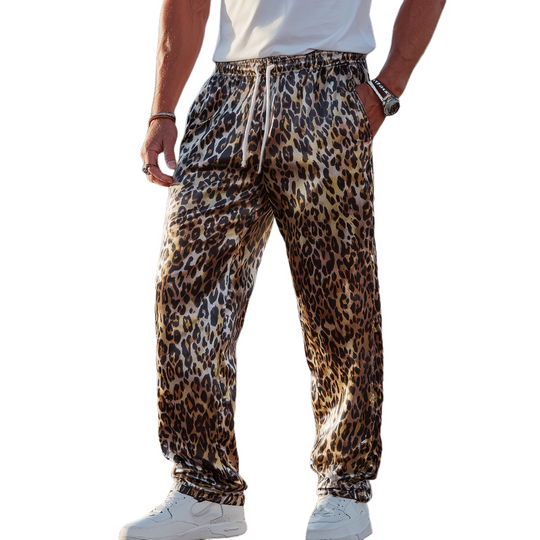 Men's Fashion Casual Leopard Print Satin Elastic Waist Loose Pants DTT25071709