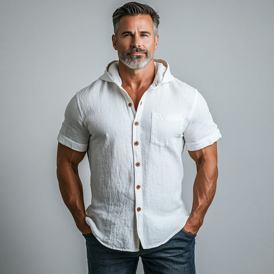 Men's Solid Single Breasted Chest Pocket Short Sleeve Hooded Shirt 9899607425208