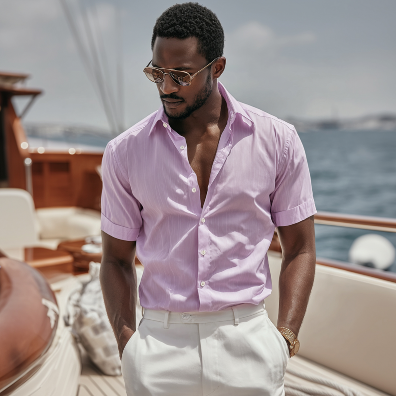 Men's Fashion Breathable Cotton Blended Lapel Slim Fit Short Sleeve Shirt DTT25070220