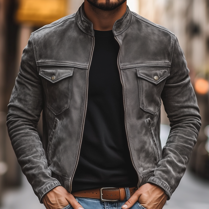 Men's Casual Outdoor Denim Washed Distressed Stand-up Collar Zipper Placket Slim Fit Short Jacket DTT25081814