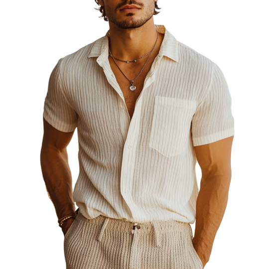 Men's Casual Breathable Linen Striped Lapel Patch Pocket Slim Fit Short Sleeve Shirt DTT25060516