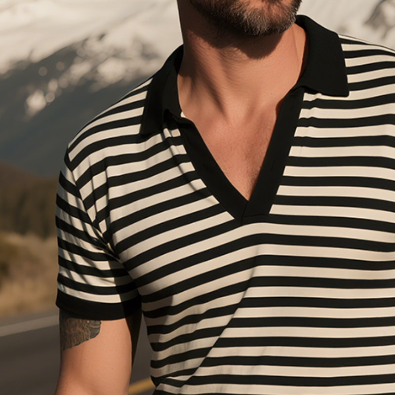 Men's Retro Casual Striped Print Lapel Short Sleeve T-Shirt DTT25071809