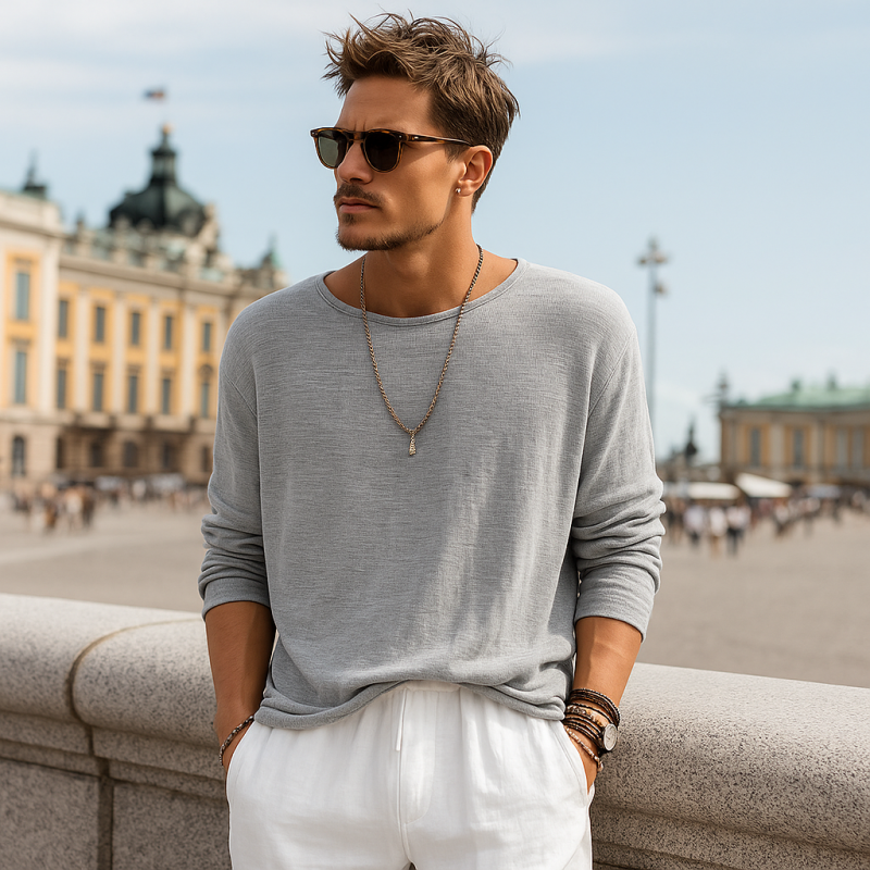 Men's Casual Solid Color Breathable Soft Cotton Round Neck Loose Long Sleeve T-shirt DTT25070209