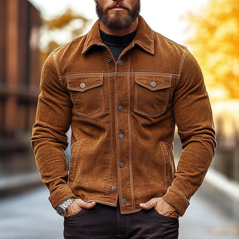 Men's Vintage Solid Color Lapel Single-Breasted Faux Suede Jacket DTT25082218