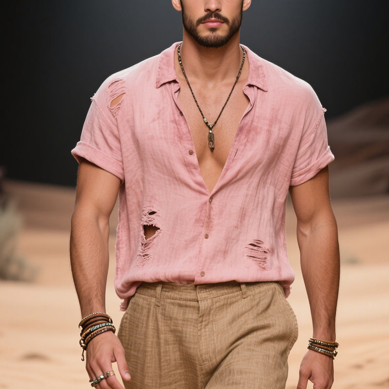 Men's Vintage Casual Cotton Ripped Lapel Short Sleeve Shirt DTT25062017
