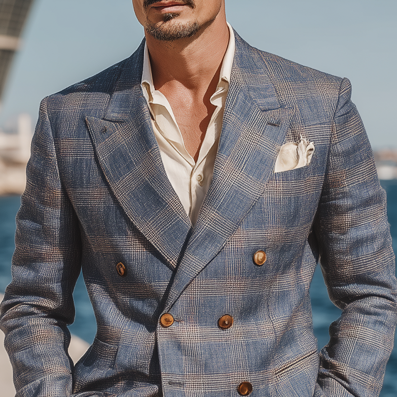 Men's Check Print Double Breasted Blazer DTT25071802