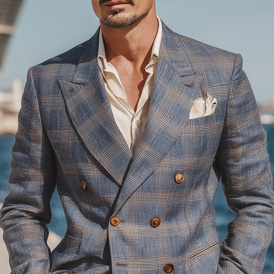 Men's Check Print Double Breasted Blazer DTT25071802