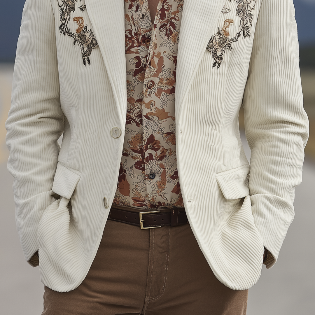 Men's Classic Casual Western Cowboy Style Corduroy Embroidered Single-breasted Blazer DTT25080417