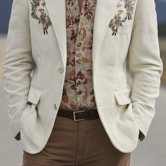 Men's Classic Casual Western Cowboy Style Corduroy Embroidered Single-breasted Blazer DTT25080417