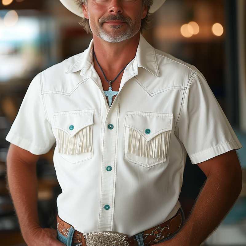 Men's Summer Western Cowboy Style Tassel Short Sleeve Shirt DTT25061807