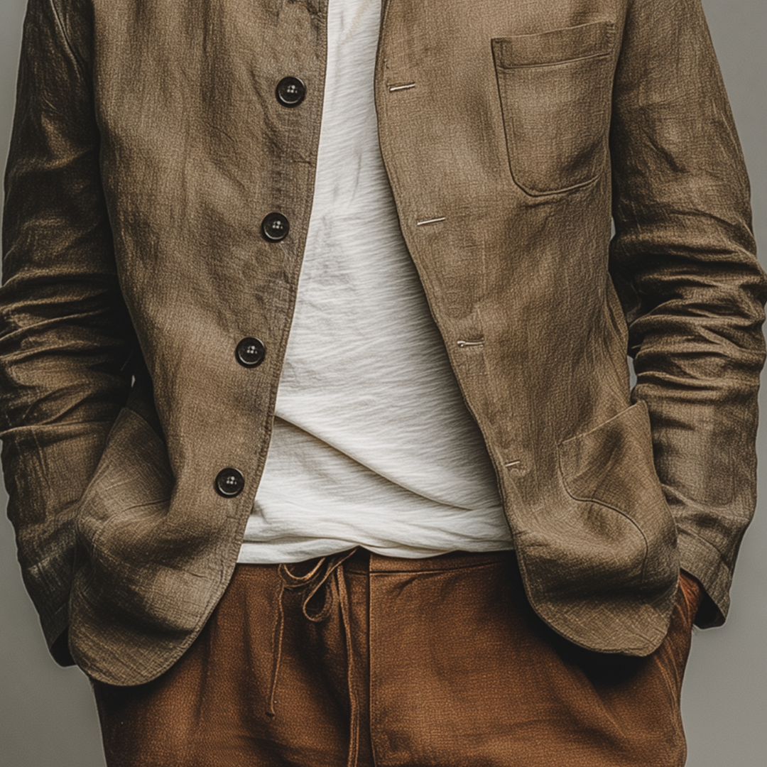 Men's Classic Casual Stand-up Collar Cotton And Linen Multi-pocket Thin Jacket DTT25073015