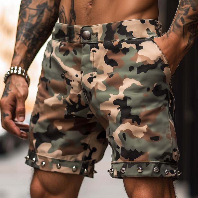 Men's Casual Punk Camouflage Cotton Hem Rivet Decoration Straight Denim Shorts DTT25061202