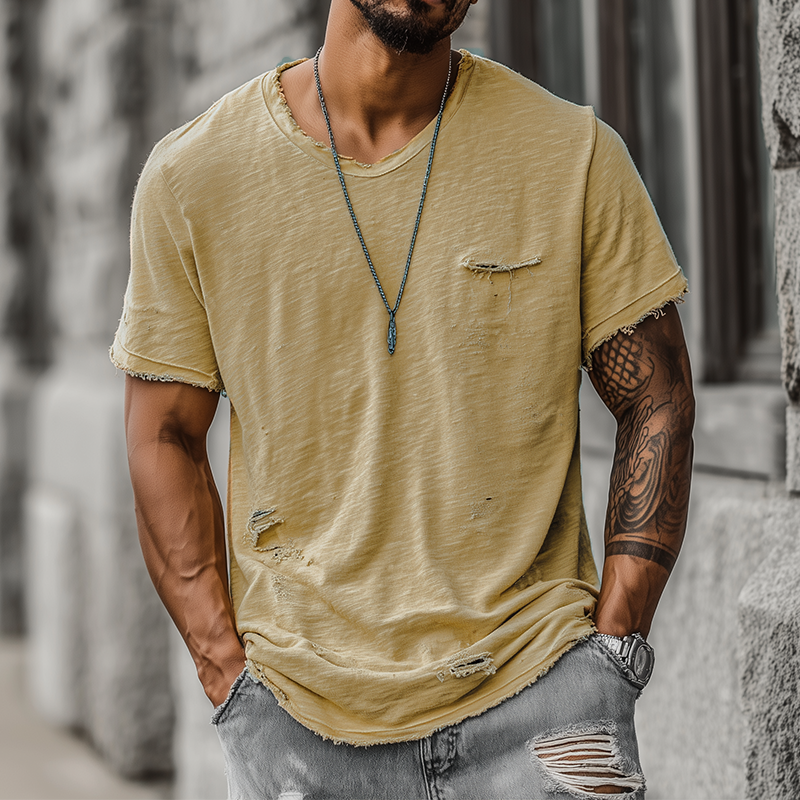 Men's Fashion Casual Bamboo Cotton Ripped Raw Edge Round Neck Short Sleeve T-shirt DTT25071819