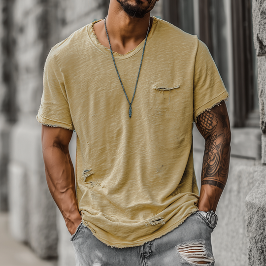 Men's Fashion Casual Bamboo Cotton Ripped Raw Edge Round Neck Short Sleeve T-shirt DTT25071819