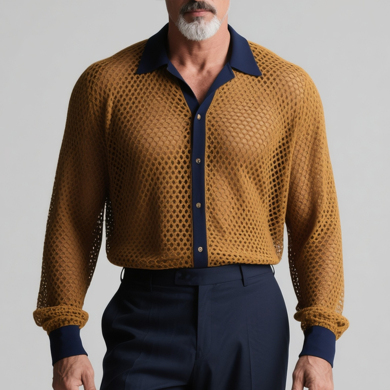 Men's Colorblock Hollow Out Knit Lapel Long Sleeve Shirt DTT25073114