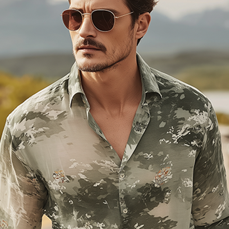 Men's Spring And Summer Fashion Casual Chiffon Slightly Transparent Sexy Art Print Long-sleeved Shirt DTT25071108