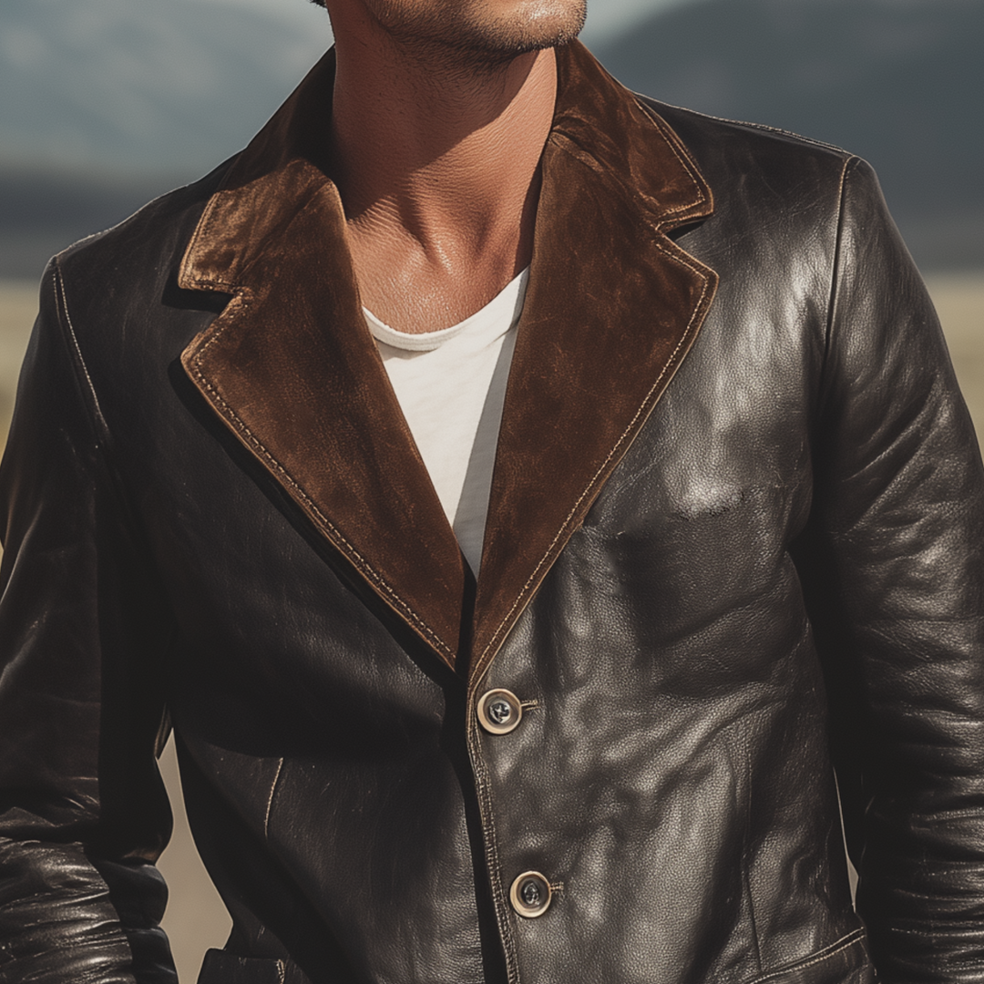 Men's Classic Retro Western Cowboy Style Suede Collar Single-breasted PU Leather Blazer DTT25081415