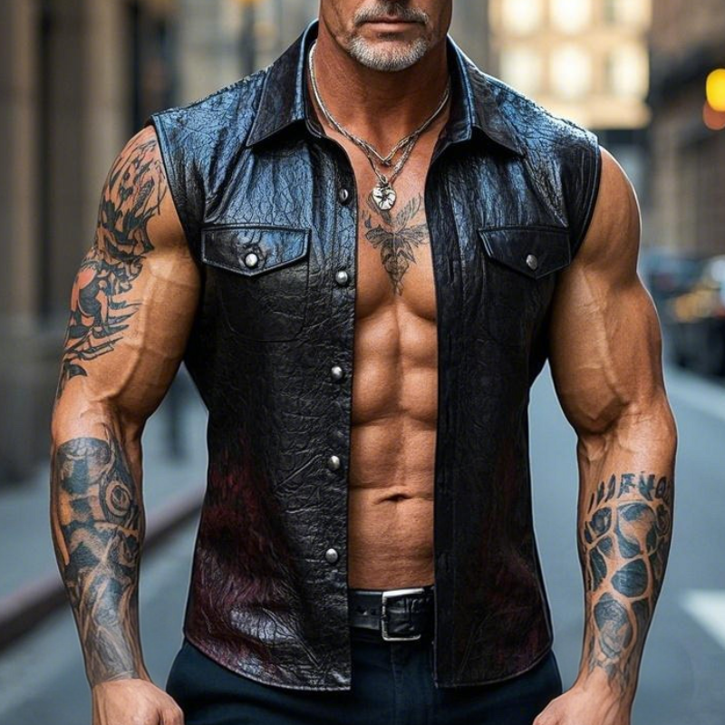 Men's Vintage Casual Lapel Textured Leather Vest 9903595880632